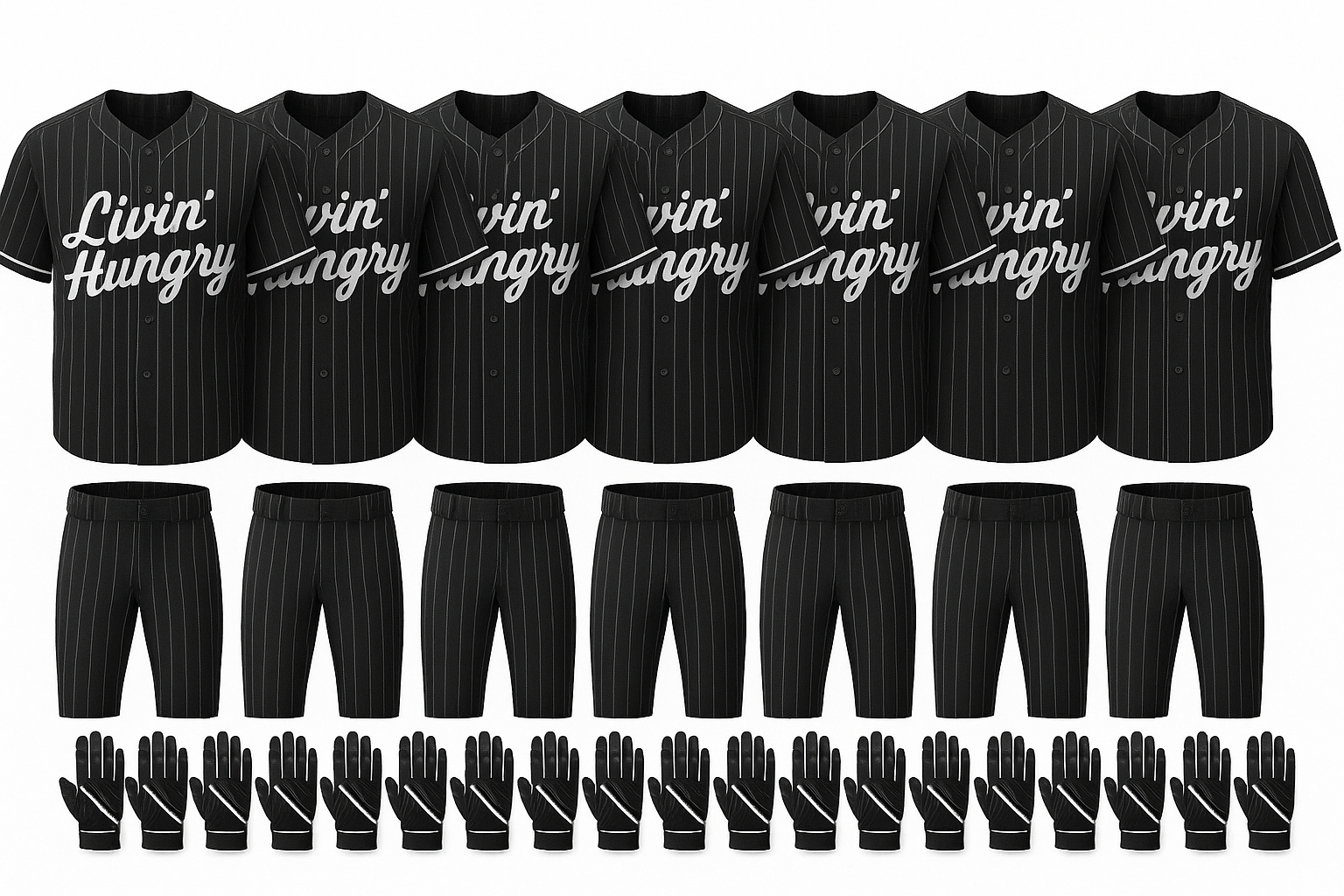 LIVIN’ HUNGRY 12 SET UNIFORM AND BATTING GLOVES PACKAGE