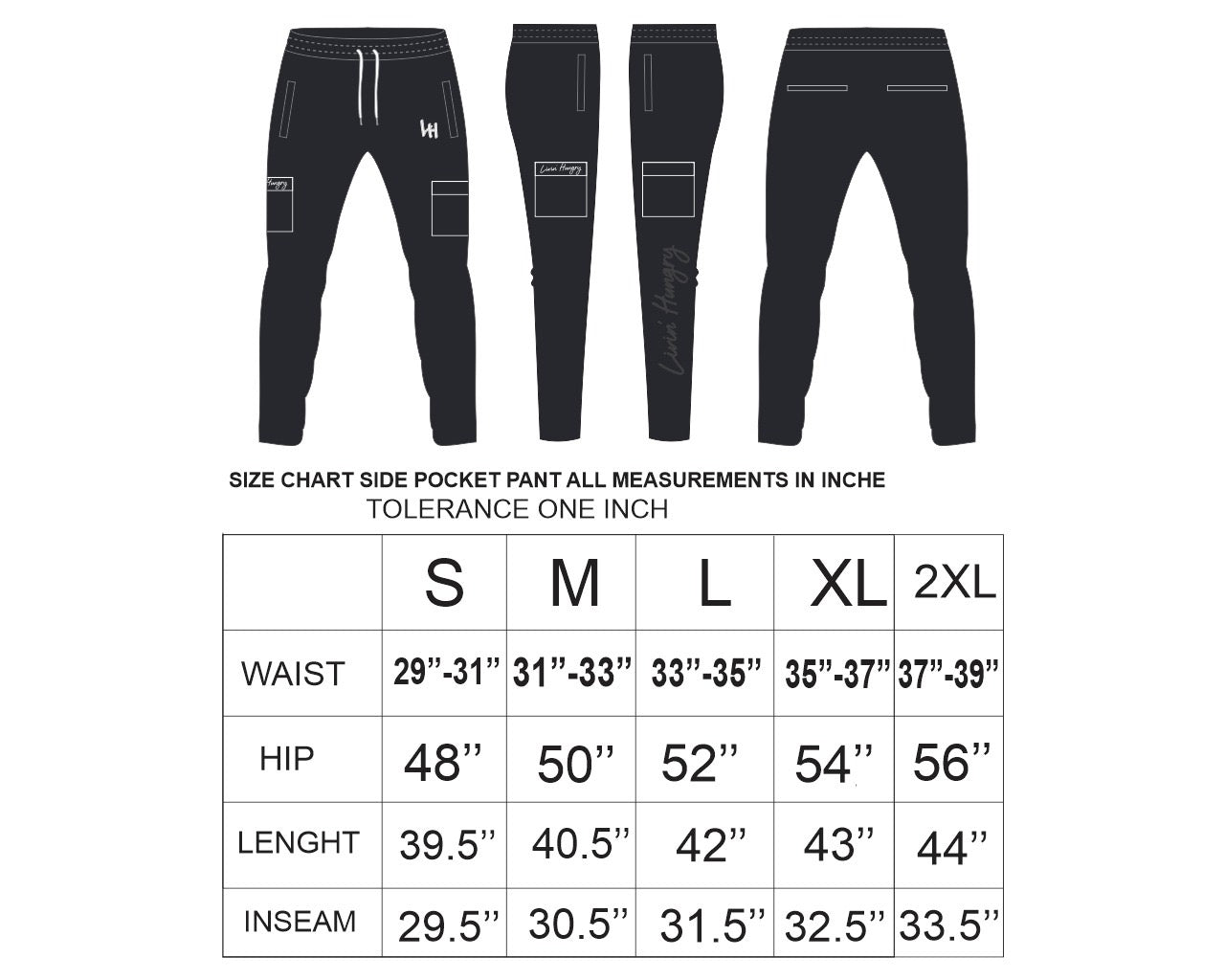 LIVIN’ HUNGRY BLACK FLEECE CARGO SWEATPANTS