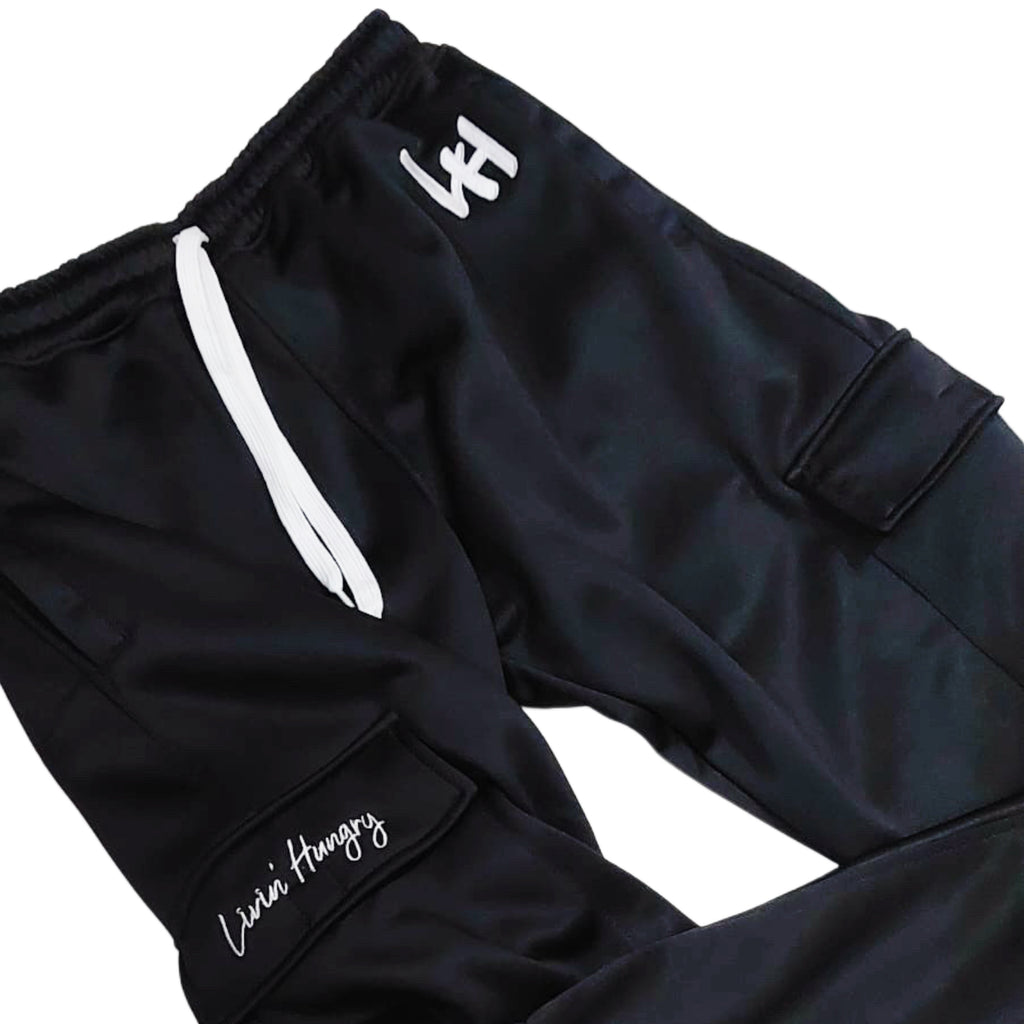 LIVIN’ HUNGRY BLACK FLEECE CARGO SWEATPANTS