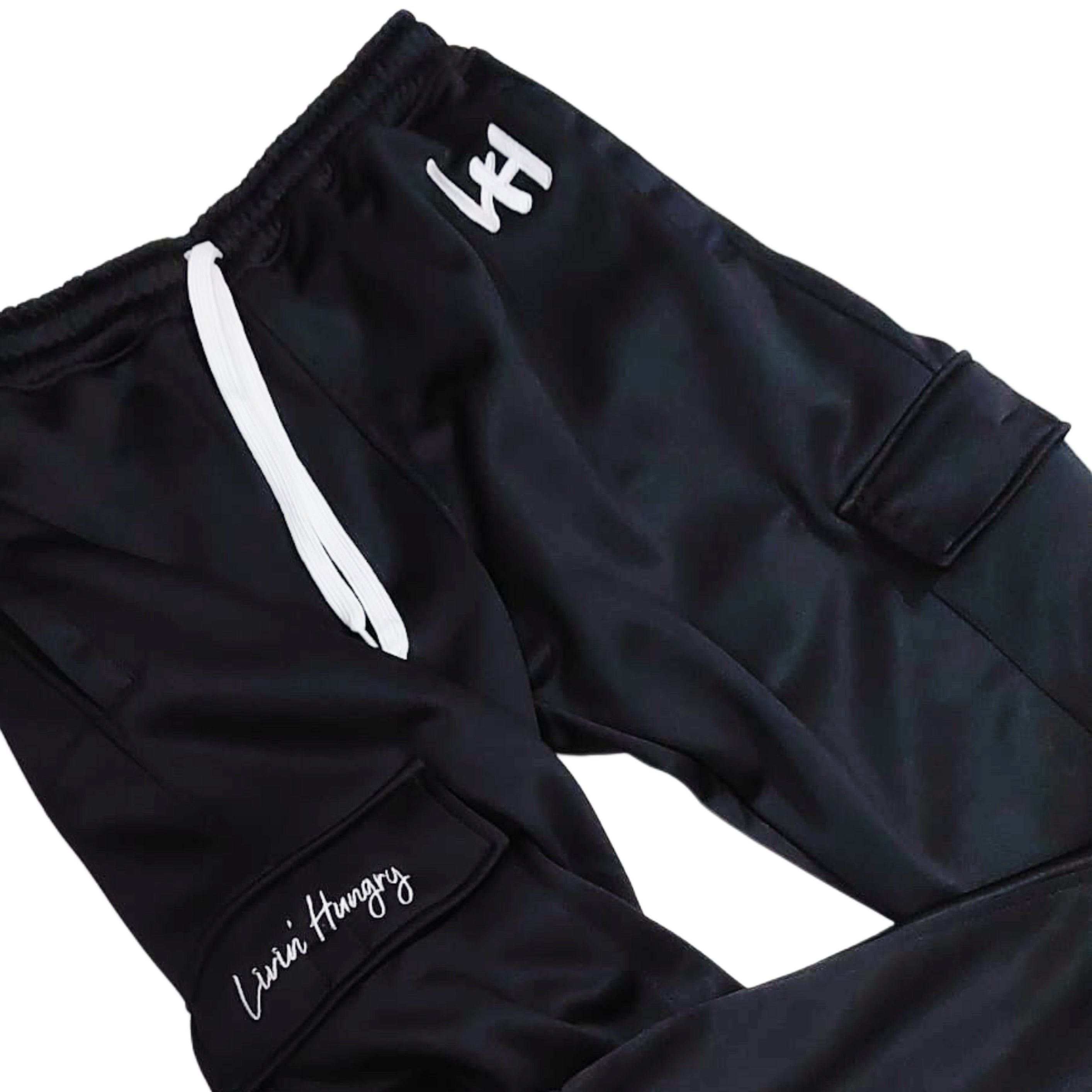 LIVIN’ HUNGRY BLACK FLEECE CARGO SWEATPANTS